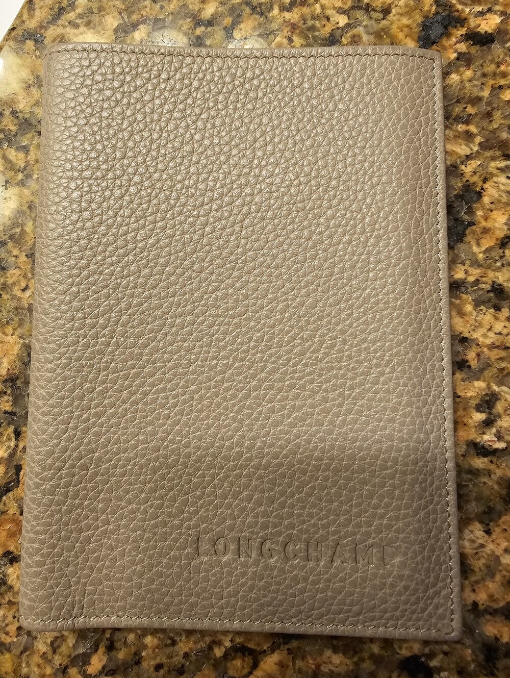 Longchamp Taupe Pebbled Leather Passport And Card Holder